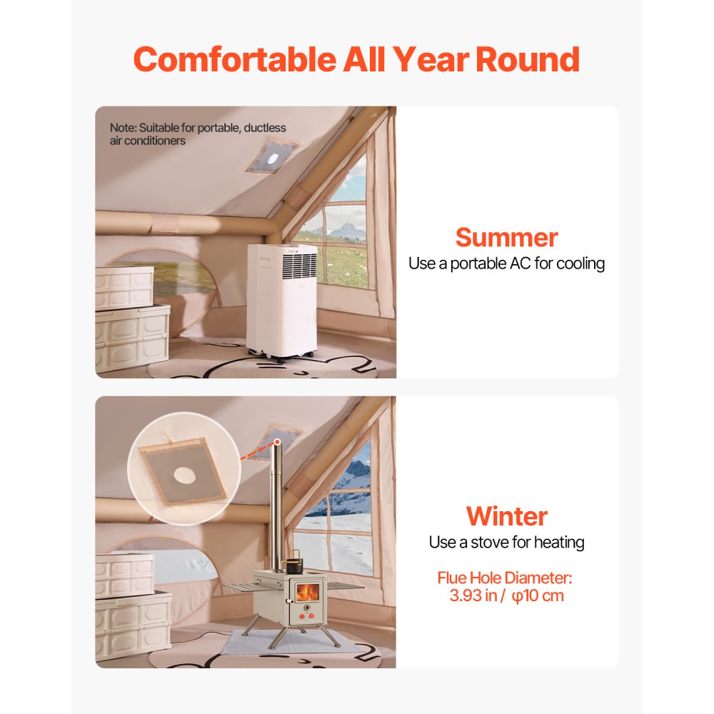 Nadmuchiwane namioty kempingowe VEVOR 4x3x2 m, dla 5-8 osób, namiot glampingowy Oxford 300D z przyłączem do kuchenki, pompką ręczną, 2 drzwiami i 4 oknami z siatki, w zestawie torba do przechowywania ułatwiająca transport