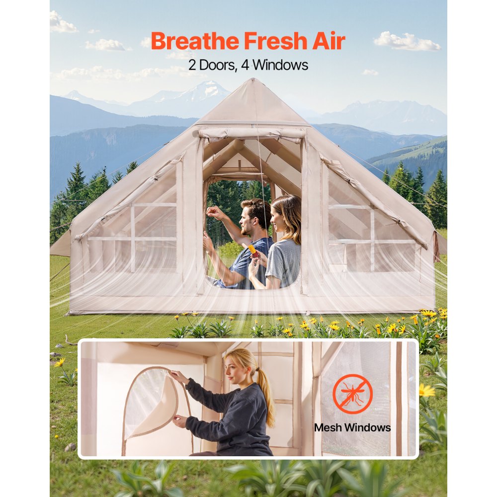 Nadmuchiwane namioty kempingowe VEVOR 4x3x2 m, dla 5-8 osób, namiot glampingowy Oxford 300D z przyłączem do kuchenki, pompką ręczną, 2 drzwiami i 4 oknami z siatki, w zestawie torba do przechowywania ułatwiająca transport