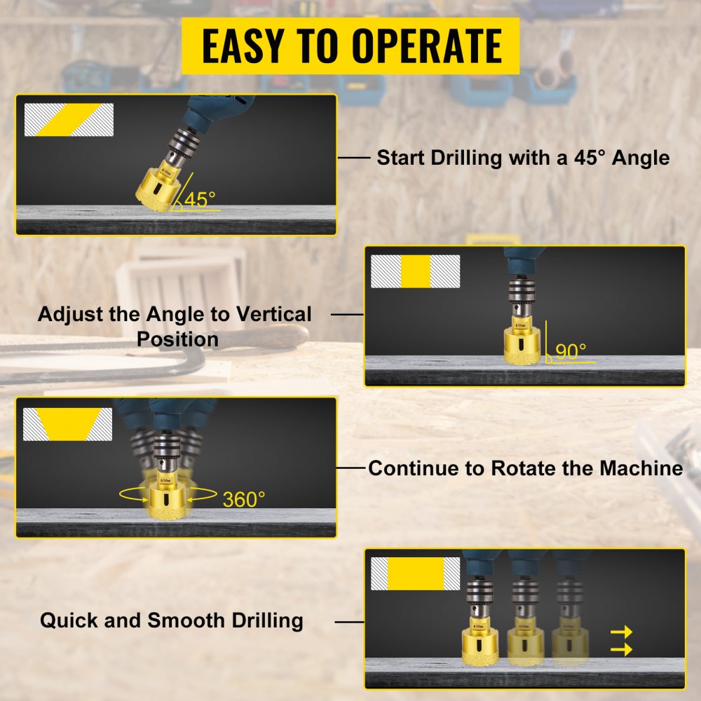 VEVOR Zestaw Otwornic Diamentowych 6 Szt. Wiertła Diamentowe Karborund Wysokość 13 mm Zestaw z Gwintem Montażowym 20 mm-68 mm M14 z Walizką Wiertła Diamentowe do Płytek Ceramicznych Marmur