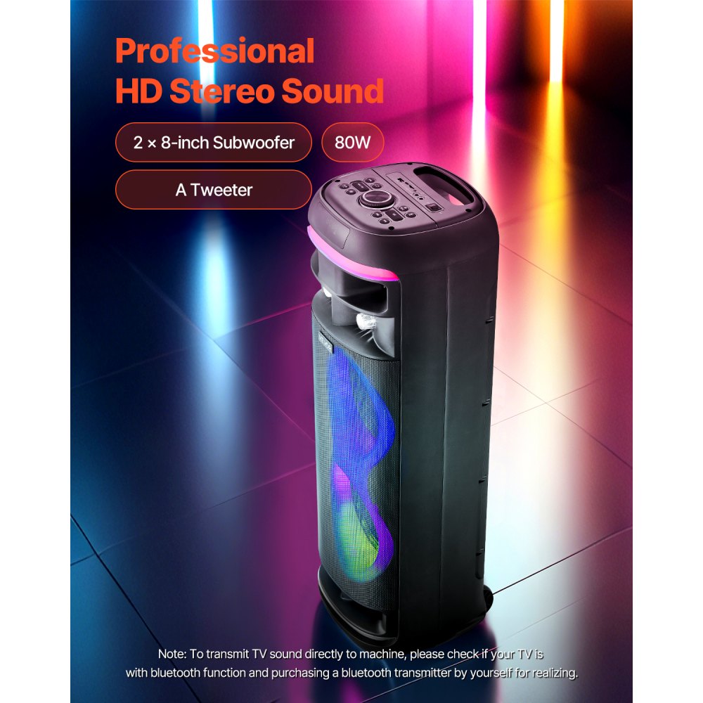 Głośnik przenośny Bluetooth VEVOR o mocy 80 W i średnicy 20 cm z 2 mikrofonami bezprzewodowymi, diodą LED i funkcją TWS, kółkami, obsługuje karty Micro-TF, USB i AUX, idealny do domowych imprez karaoke