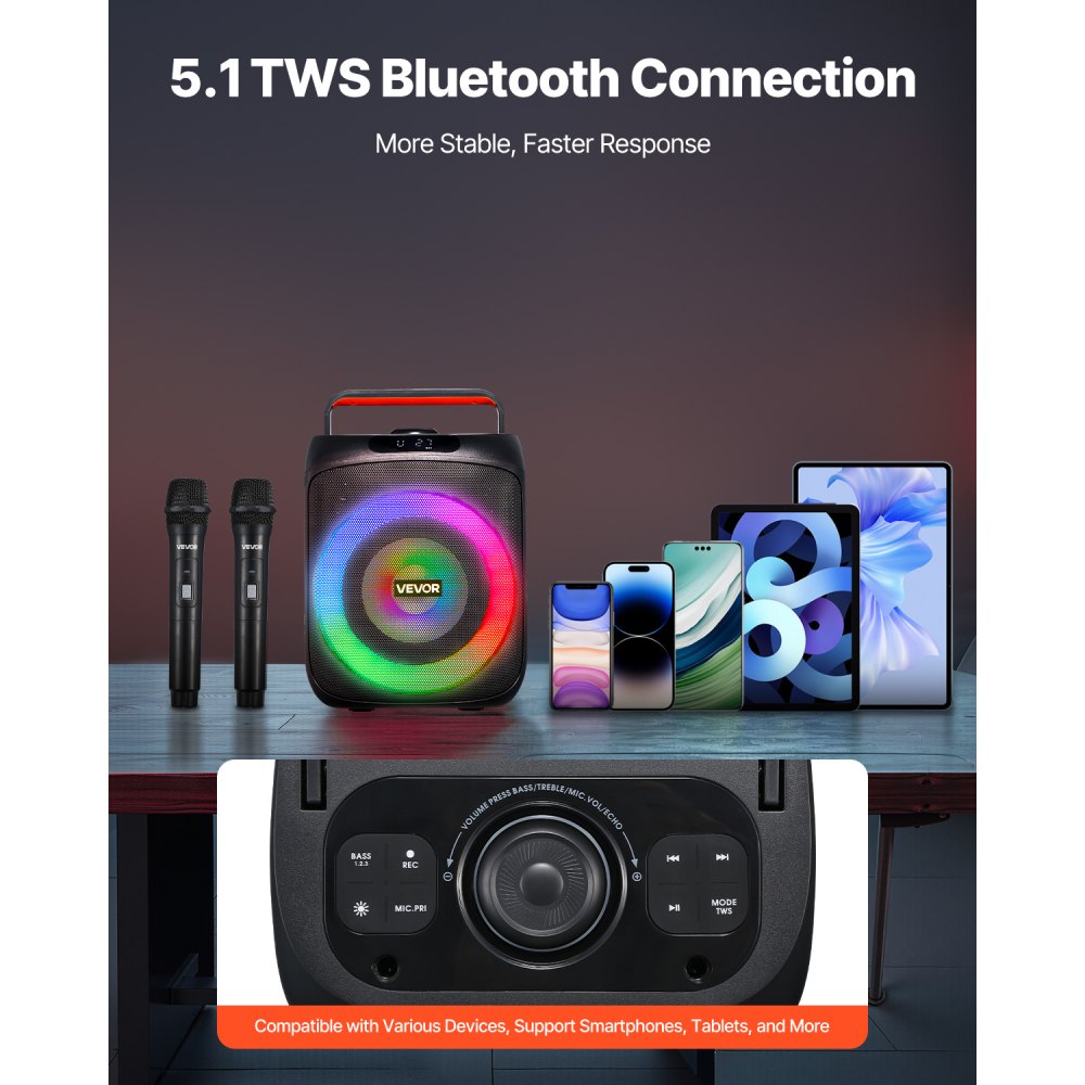 VEVOR Karaoke Machine, 30 W, przenośny 6-calowy głośnik Bluetooth z 2 bezprzewodowymi mikrofonami, diodą LED, funkcją TWS, uchwytem, ​​obsługuje karty Micro-TF, USB, AUX, do domowych imprez karaoke