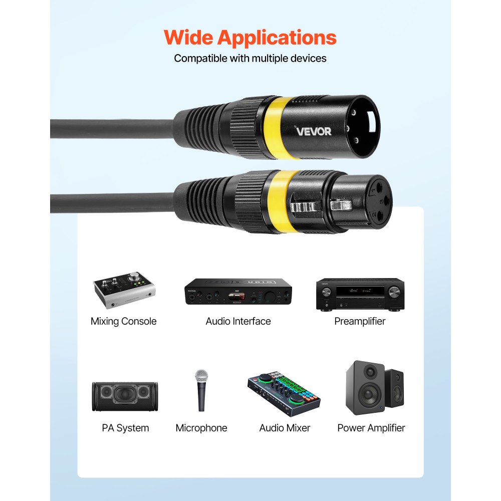 Kabel VEVOR XLR 30,48 m, opakowanie 2 szt., symetryczne kable mikrofonowe DMX (męskie i żeńskie), pozłacane kable mikrofonowe XLR 3-pinowe i głośnikowe, do oświetlenia scenicznego, mikrofonów, wzmacniaczy, mikserów