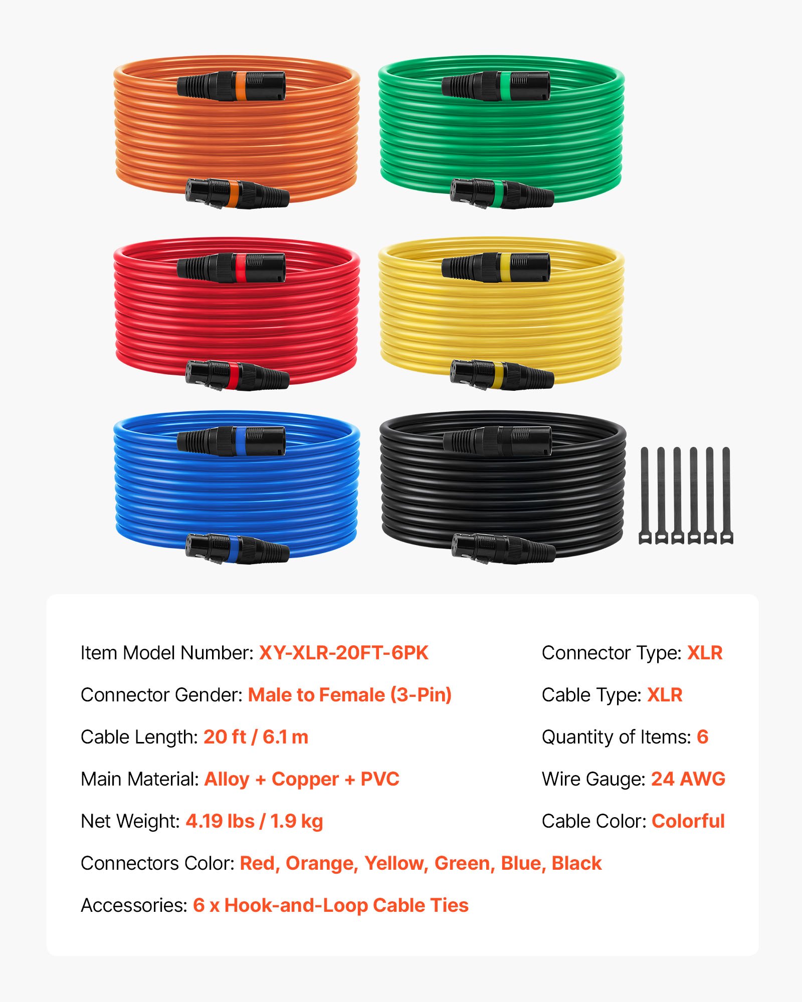 Kabel VEVOR XLR 6,1 m, 6 szt., symetryczne kable mikrofonowe DMX (męskie i żeńskie), pozłacane kable mikrofonowe XLR 3-pinowe, do oświetlenia scenicznego, mikrofonów, wzmacniaczy, mikserów