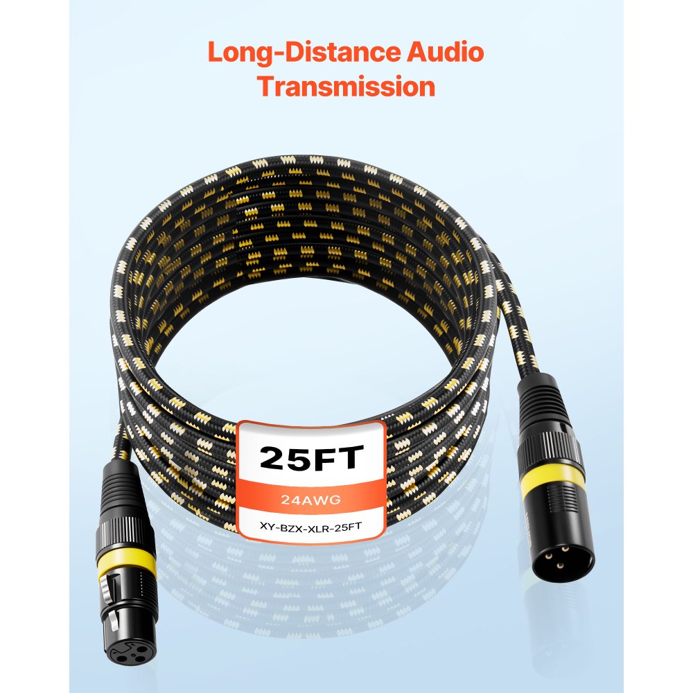 Kabel VEVOR XLR 7,62 m, 6 szt., ekranowany, zbalansowany, mikrofonowy DMX (męski-żeński), pozłacany, 3-pinowy kabel głośnikowy XLR do mikrofonów, do oświetlenia scenicznego, mikrofonów, wzmacniaczy