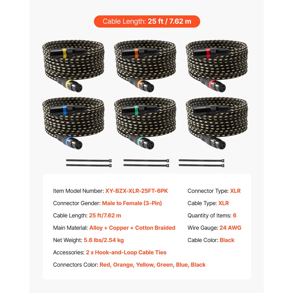 Kabel VEVOR XLR 7,62 m, 6 szt., ekranowany, zbalansowany, mikrofonowy DMX (męski-żeński), pozłacany, 3-pinowy kabel głośnikowy XLR do mikrofonów, do oświetlenia scenicznego, mikrofonów, wzmacniaczy