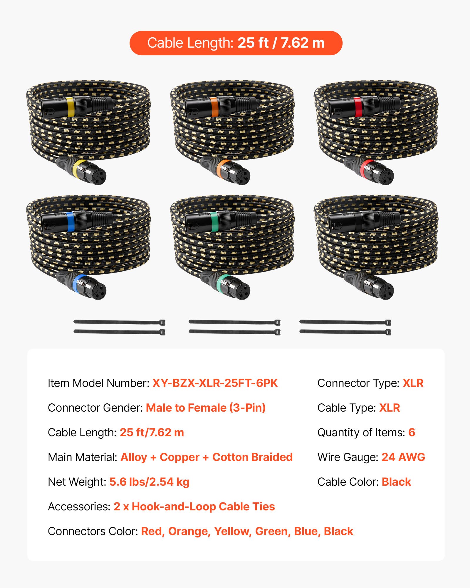 Kabel VEVOR XLR 7,62 m, 6 szt., ekranowany, zbalansowany, mikrofonowy DMX (męski-żeński), pozłacany, 3-pinowy kabel głośnikowy XLR do mikrofonów, do oświetlenia scenicznego, mikrofonów, wzmacniaczy