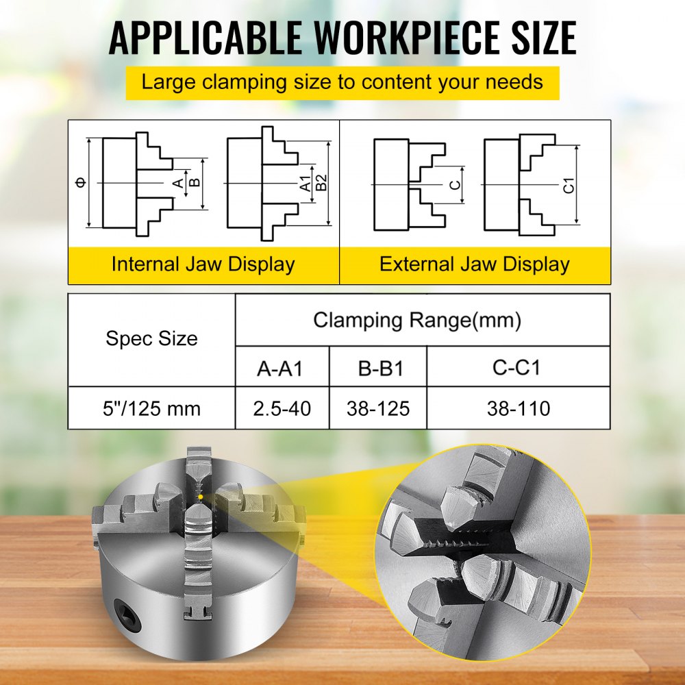 Uchwyt tokarski VEVOR 125mm 4-szczękowy, samocentrujący, uchwyt 0,07mm