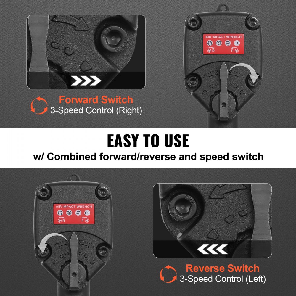 Klucz udarowy pneumatyczny VEVOR, maks. moment odkręcania 638 Nm, napęd kwadratowy 0,95 cm (3/8"), maks. ciśnienie robocze 8,3 bar, prędkość obrotowa bez obciążenia 10 000 obr./min. Klucz pneumatyczny do dokręcania i odkręcania śrub.