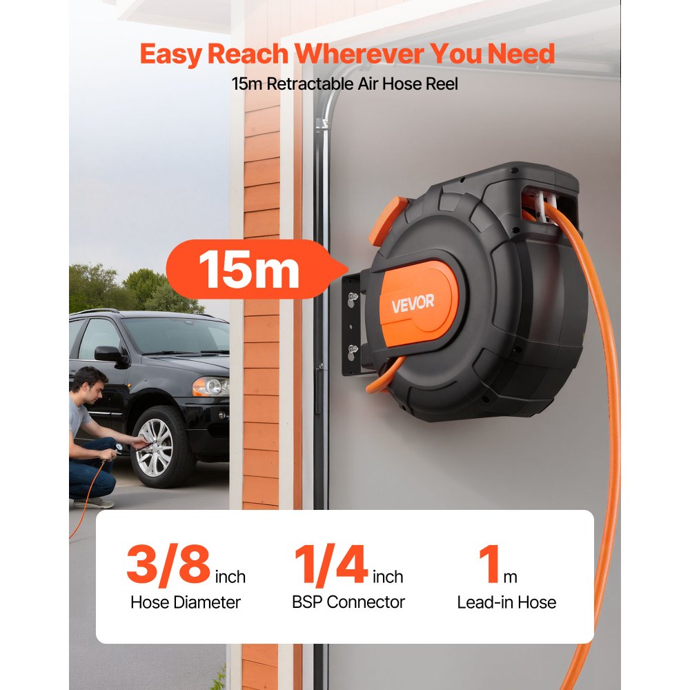 VEVOR Retractable Air Hose Reel, 15m x 9.5mm PVC Air Hose Max 300PSI, Enclosed Air-Compressor Hoses Reel Auto Rewind with 1m Lead in, 180° Swivel Ceiling/Wall Mount for Garages Workshops