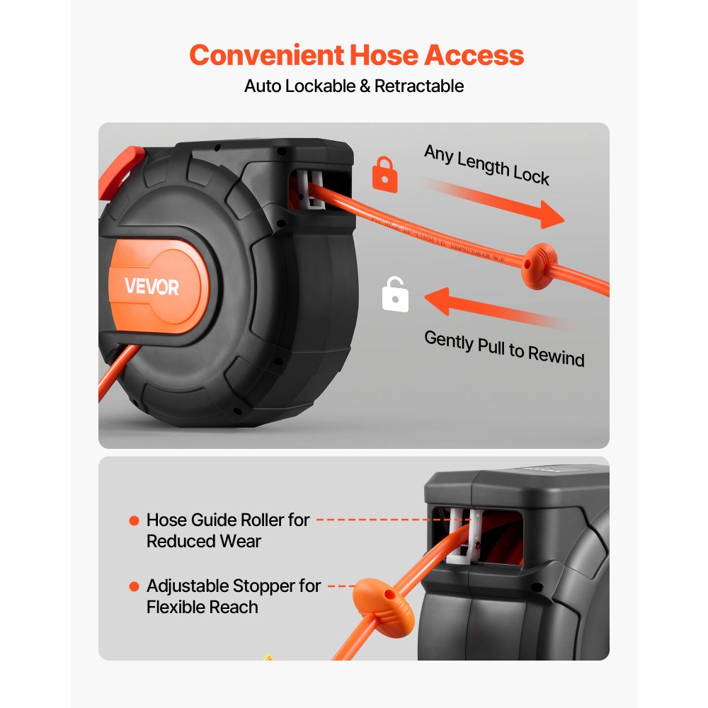 VEVOR Retractable Air Hose Reel, 15m x 9.5mm PVC Air Hose Max 300PSI, Enclosed Air-Compressor Hoses Reel Auto Rewind with 1m Lead in, 180° Swivel Ceiling/Wall Mount for Garages Workshops