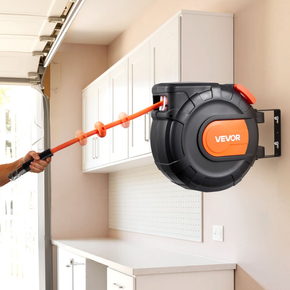 Bęben na wąż sprężonego powietrza VEVOR, wąż PVC 9,5 mm x 15 m, 20 barów, zamknięty bęben na wąż z automatycznym zwijaniem i 1-metrowym kablem zasilającym, obrotowy uchwyt sufitowy/ścienny 180°