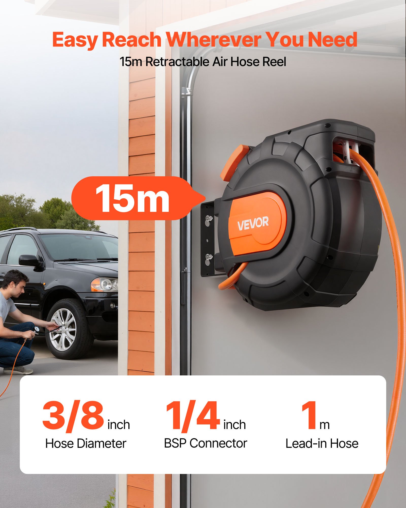 Bęben na wąż sprężonego powietrza VEVOR, wąż PVC 9,5 mm x 15 m, 20 barów, zamknięty bęben na wąż z automatycznym zwijaniem i 1-metrowym kablem zasilającym, obrotowy uchwyt sufitowy/ścienny 180°
