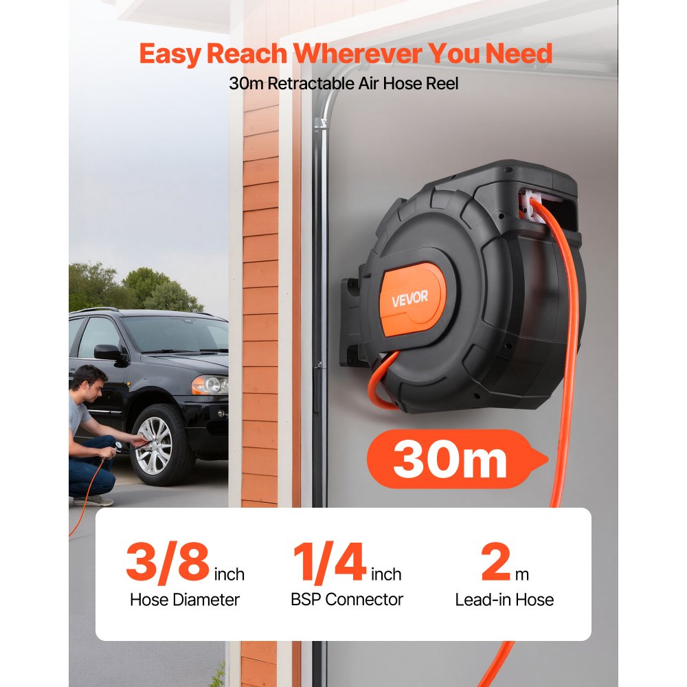 Wąż sprężonego powietrza na bębnie VEVOR, wąż sprężonego powietrza z PVC φ9,5 mm x 30 m, 20 barów, zamknięty bęben z automatycznym zwijaniem i 2-metrowym kablem zasilającym, obrotowy uchwyt sufitowy/ścienny o 180°