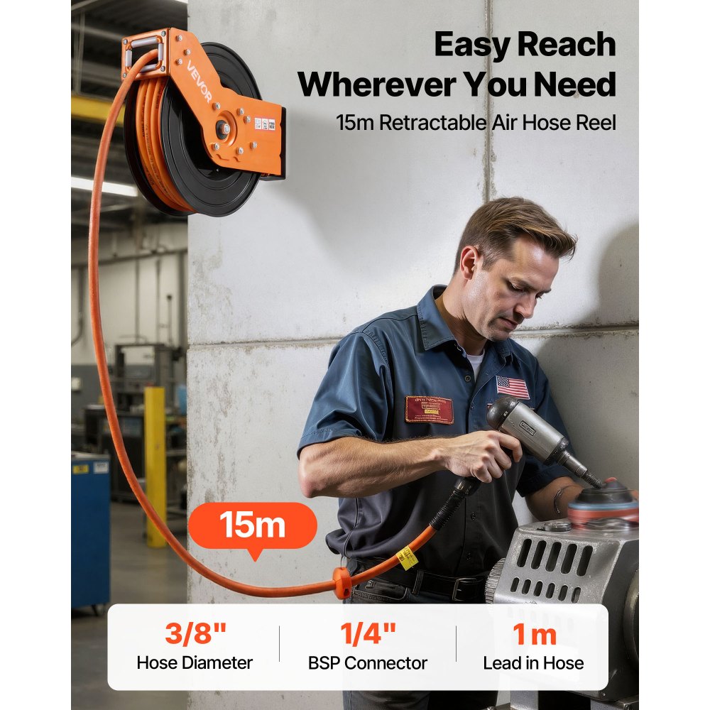 VEVOR Retractable Air Hose Reel, 15m x 9.5mm Hybrid Air Hose Max 300PSI, Auto Rewind Air-Compressor Hoses Reel with 1m Lead in, 180° Swivel Ceiling/Wall Mount for Garage Workshops