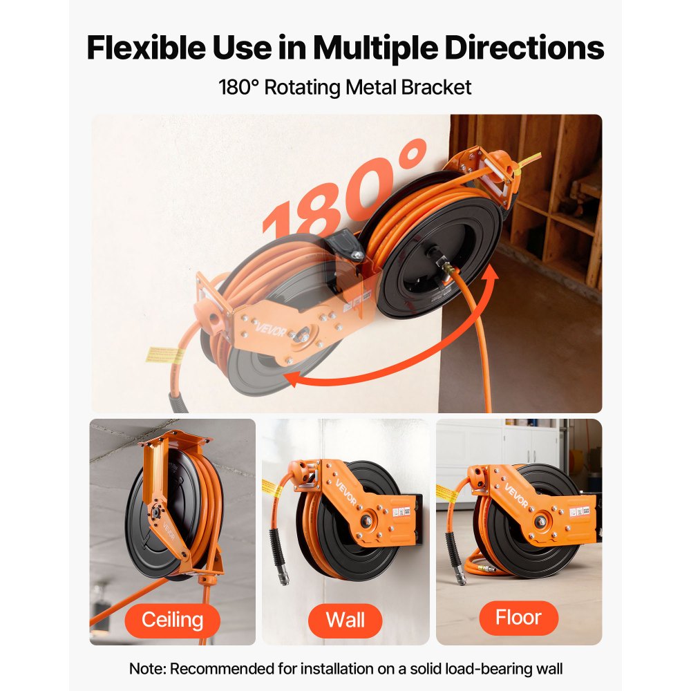 VEVOR Retractable Air Hose Reel, 15m x 9.5mm Hybrid Air Hose Max 300PSI, Auto Rewind Air-Compressor Hoses Reel with 1m Lead in, 180° Swivel Ceiling/Wall Mount for Garage Workshops