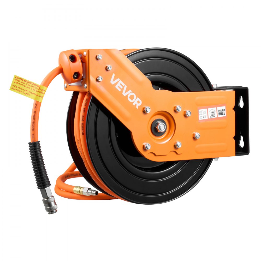 Bęben na wąż sprężonego powietrza VEVOR, hybrydowy wąż sprężonego powietrza 15 m x 3/8 cala, bęben na wąż 20 bar, automatyczne zwijanie węża z przewodem zasilającym 1,52 m, obrotowy uchwyt sufitowy/ścienny 180°