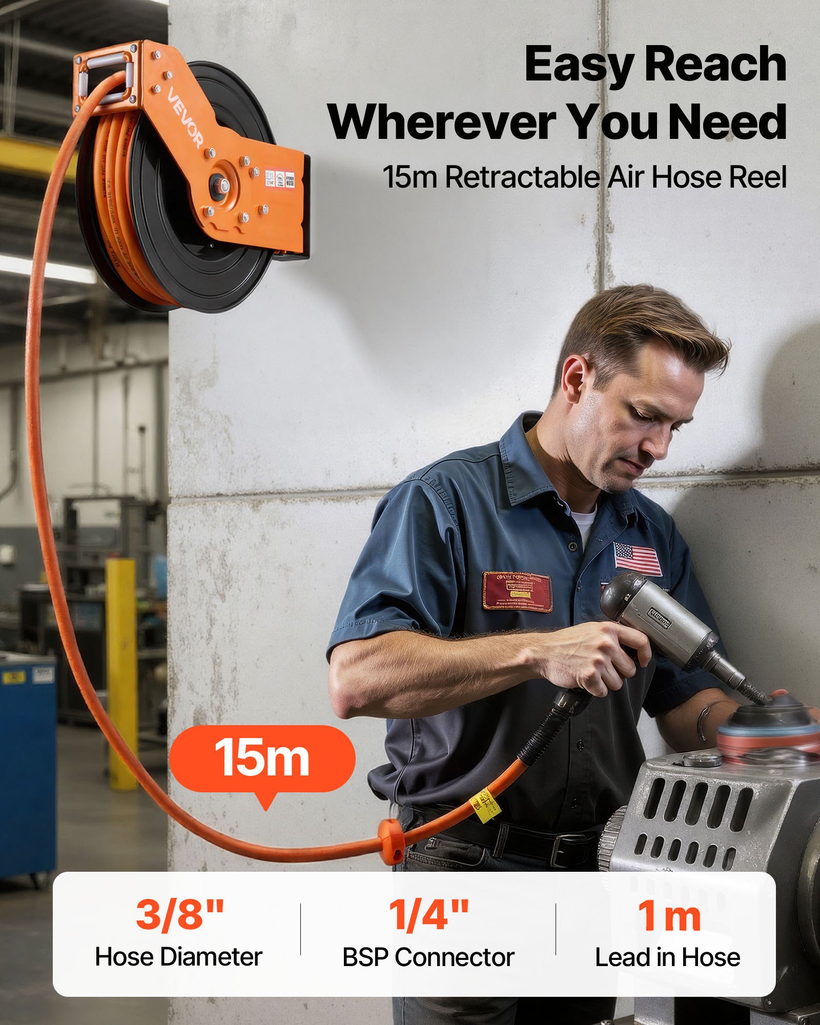 Bęben na wąż sprężonego powietrza VEVOR, hybrydowy wąż sprężonego powietrza 15 m x 3/8 cala, bęben na wąż 20 bar, automatyczne zwijanie węża z przewodem zasilającym 1,52 m, obrotowy uchwyt sufitowy/ścienny 180°