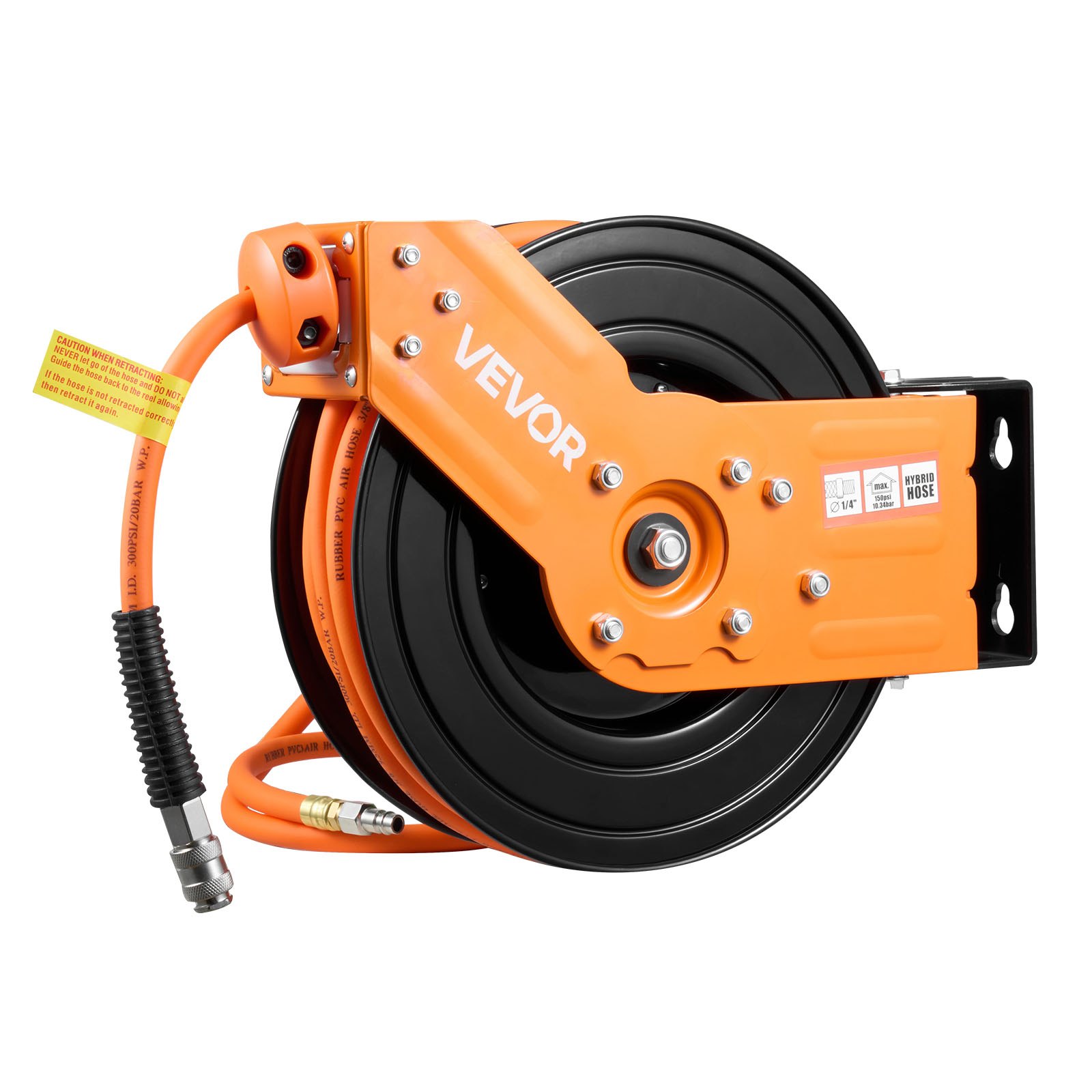 Bęben na wąż sprężonego powietrza VEVOR, hybrydowy wąż sprężonego powietrza 15 m x 3/8 cala, bęben na wąż 20 bar, automatyczne zwijanie węża z przewodem zasilającym 1,52 m, obrotowy uchwyt sufitowy/ścienny 180°