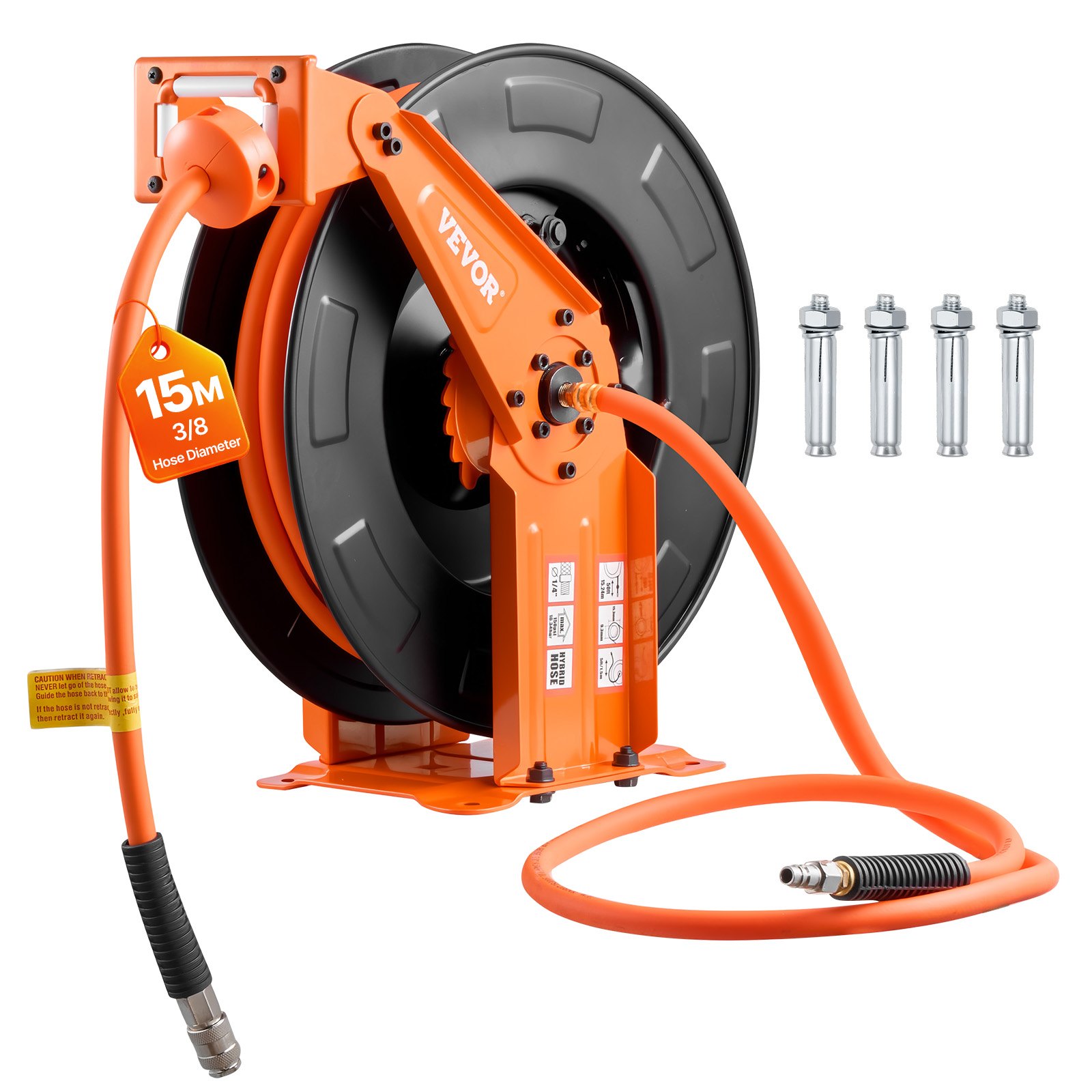 Bęben na wąż sprężonego powietrza VEVOR, zwijacz węża do hybrydowego węża sprężonego powietrza o średnicy 15 m x 9,5 mm, 20 bar, automatyczne zwijanie węża z kablem zasilającym o długości 1,52 m, montaż sufitowy/ścienny, podwójne ramię ze stali