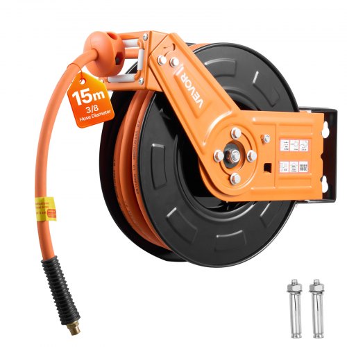 Bęben na wąż sprężonego powietrza VEVOR, wąż gumowy φ9,5 mm x 15 m, maks. ciśnienie robocze 20 barów, automatyczny mechanizm zwijania z 1-metrowym kablem zasilającym, obrotowy uchwyt sufitowy/ścienny 180°