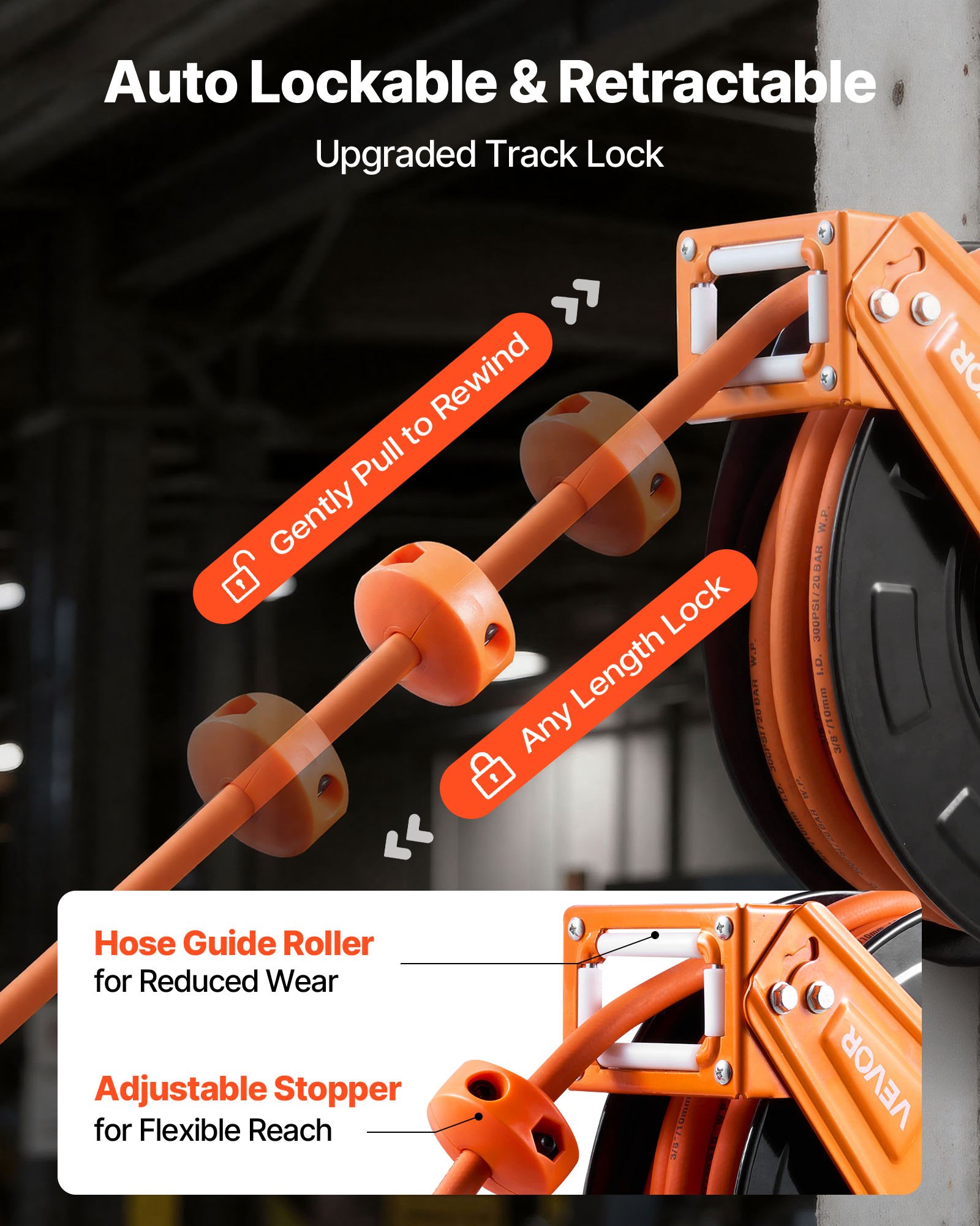 Bęben na wąż sprężonego powietrza VEVOR, wąż gumowy φ9,5 mm x 15 m, maks. ciśnienie robocze 20 barów, automatyczny mechanizm zwijania z 1-metrowym kablem zasilającym, obrotowy uchwyt sufitowy/ścienny 180°