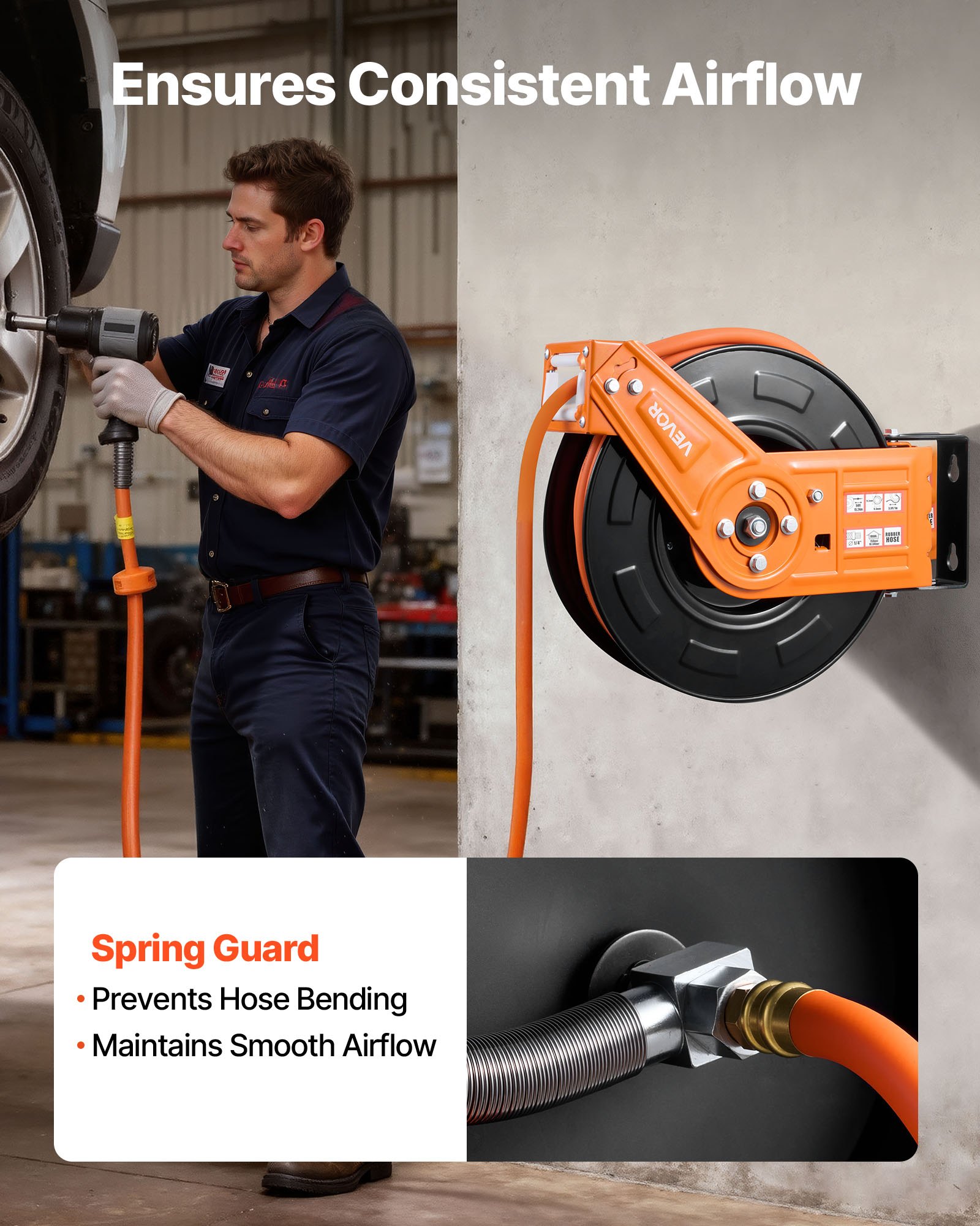 Bęben na wąż sprężonego powietrza VEVOR, wąż gumowy φ9,5 mm x 15 m, maks. ciśnienie robocze 20 barów, automatyczny mechanizm zwijania z 1-metrowym kablem zasilającym, obrotowy uchwyt sufitowy/ścienny 180°