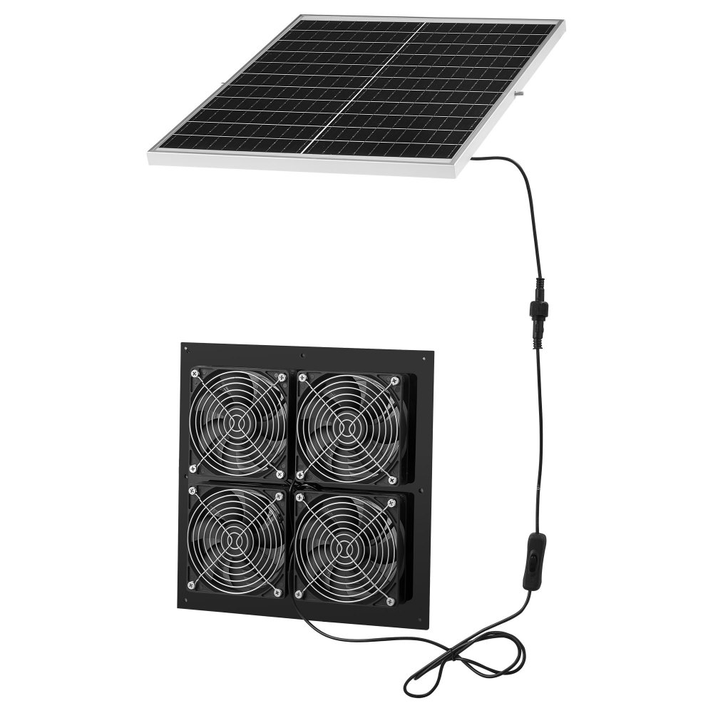 Wentylator solarny VEVOR 25 W, panel solarny 12 V z 4 wentylatorami, maks. 2668 obr./min, przepływ powietrza 748 m³/h, wentylator wyciągowy zasilany energią słoneczną o prędkości 5 m/s do małych kurników i szklarni