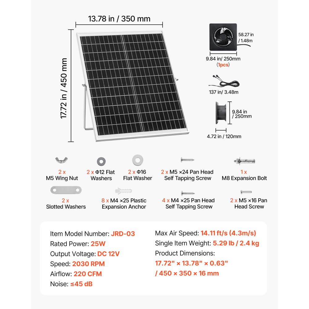 Wentylator solarny VEVOR 25 W, panel słoneczny 12 V z pojedynczym wentylatorem, maks. 2030 obr./min, przepływ powietrza 374 m³/h, wentylator wyciągowy zasilany energią słoneczną o prędkości 4,3 m/s do małych kurników i szklarni