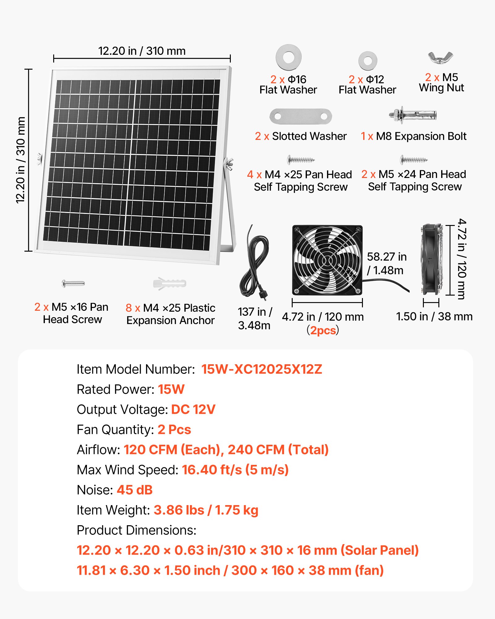 Wentylator solarny VEVOR 15 W, panel solarny 12 V z podwójnym wentylatorem, maks. 2668 obr./min, przepływ powietrza 408 m³/h, wentylator wyciągowy zasilany energią słoneczną o prędkości 5 m/s do małych kurników i szklarni