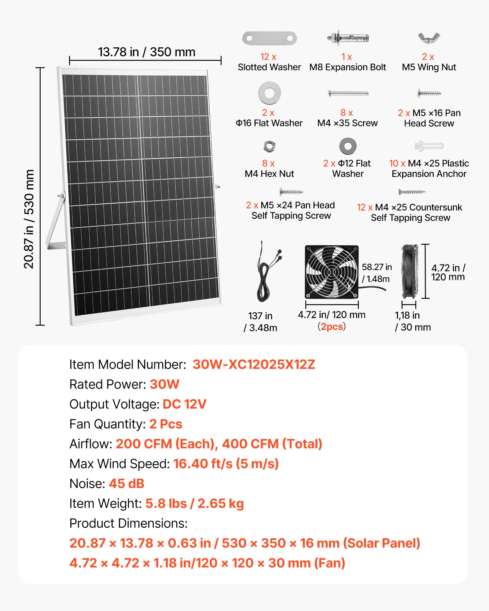 Wentylator solarny VEVOR 30 W, panel słoneczny 12 V z podwójnym wentylatorem, maks. 2668 obr./min, przepływ powietrza 680 m³/h, wentylator wyciągowy zasilany energią słoneczną o prędkości 5 m/s do małych kurników i szklarni