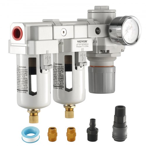 Regulator filtra sprężarki powietrza VEVOR, separator wody sprężarki powietrza 3/8" NPT 5μm, półautomatyczny system osuszania powietrza z mosiężnym elementem filtrującym, dwustopniowy, regulator ciśnienia 7,5-125PSI, obudowa z polietylenu