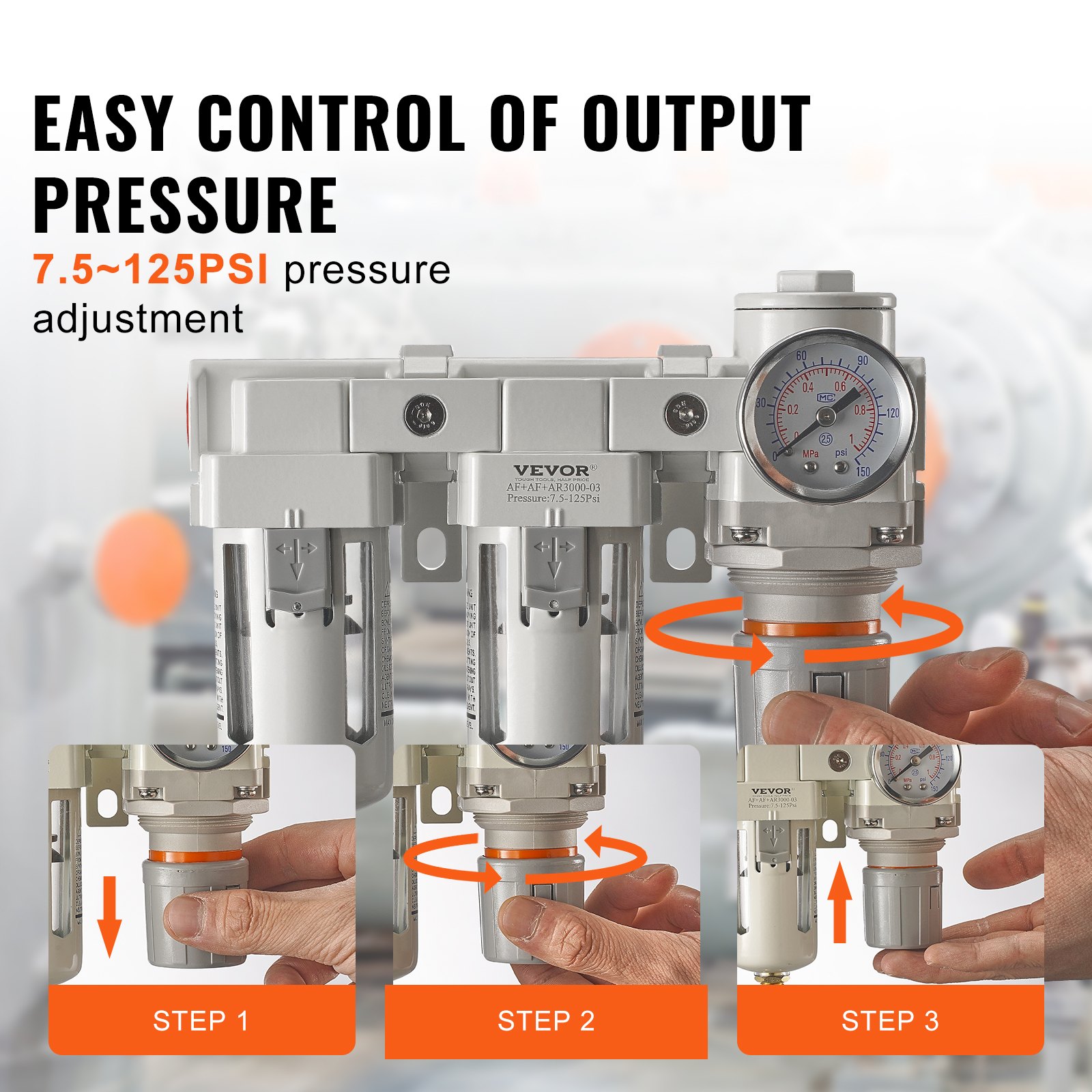 Filtr-regulator sprężarki powietrza VEVOR, separator wody do sprężarki powietrza 3/8" NPT 5μm, półautomatyczny system osuszania powietrza z mosiężnym elementem filtrującym, dwustopniowy, regulator ciśnienia 7,5-125 PSI, powłoka poliestrowa