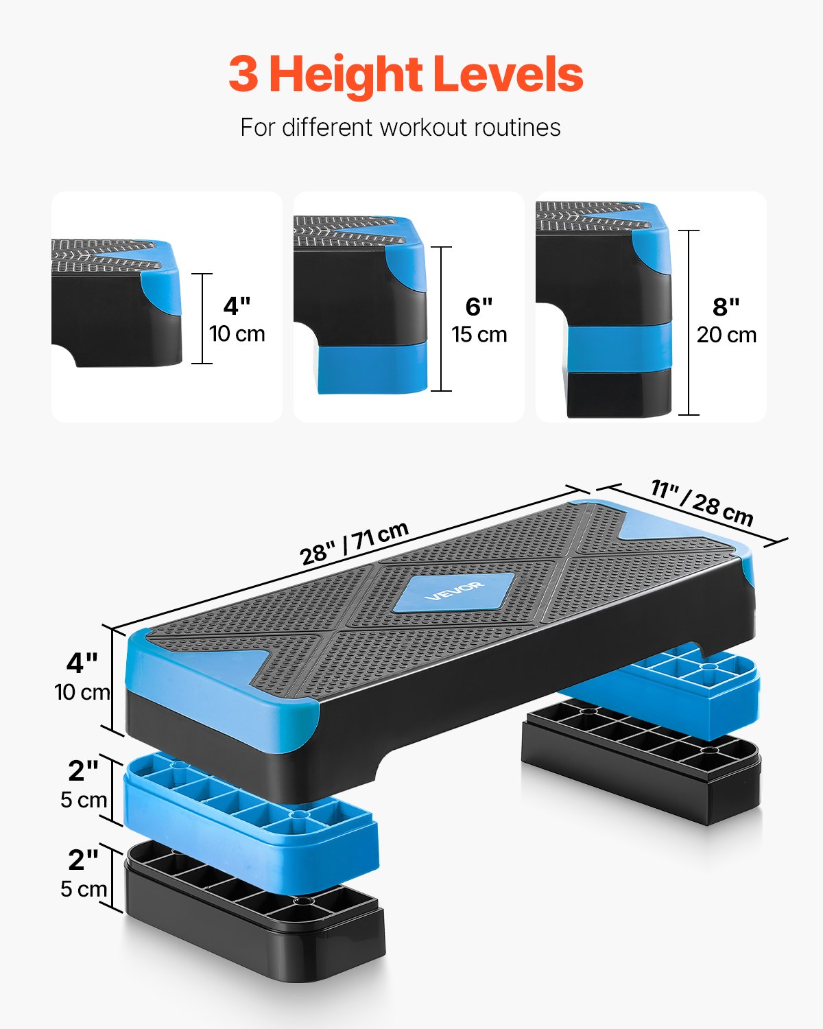 VEVOR Step do aerobiku, regulowana wysokość deski treningowej (10,16-20,32 cm), Stepper Fitness o udźwigu 250 kg, powierzchnia antypoślizgowa, ławka do ćwiczeń w domu, cardio, siłowych, niebieski