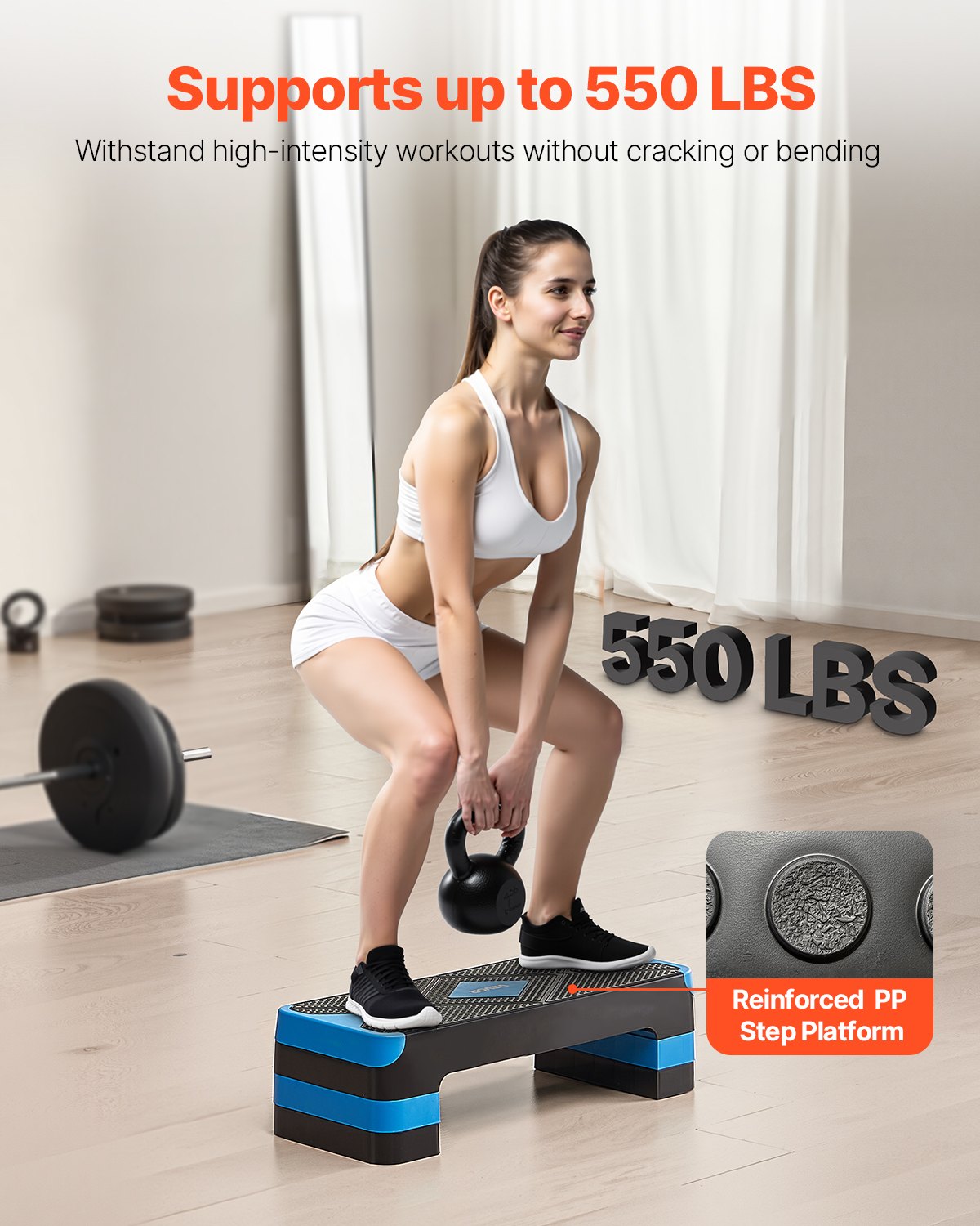 VEVOR Step do aerobiku, regulowana wysokość deski treningowej (10,16-20,32 cm), Stepper Fitness o udźwigu 250 kg, powierzchnia antypoślizgowa, ławka do ćwiczeń w domu, cardio, siłowych, niebieski