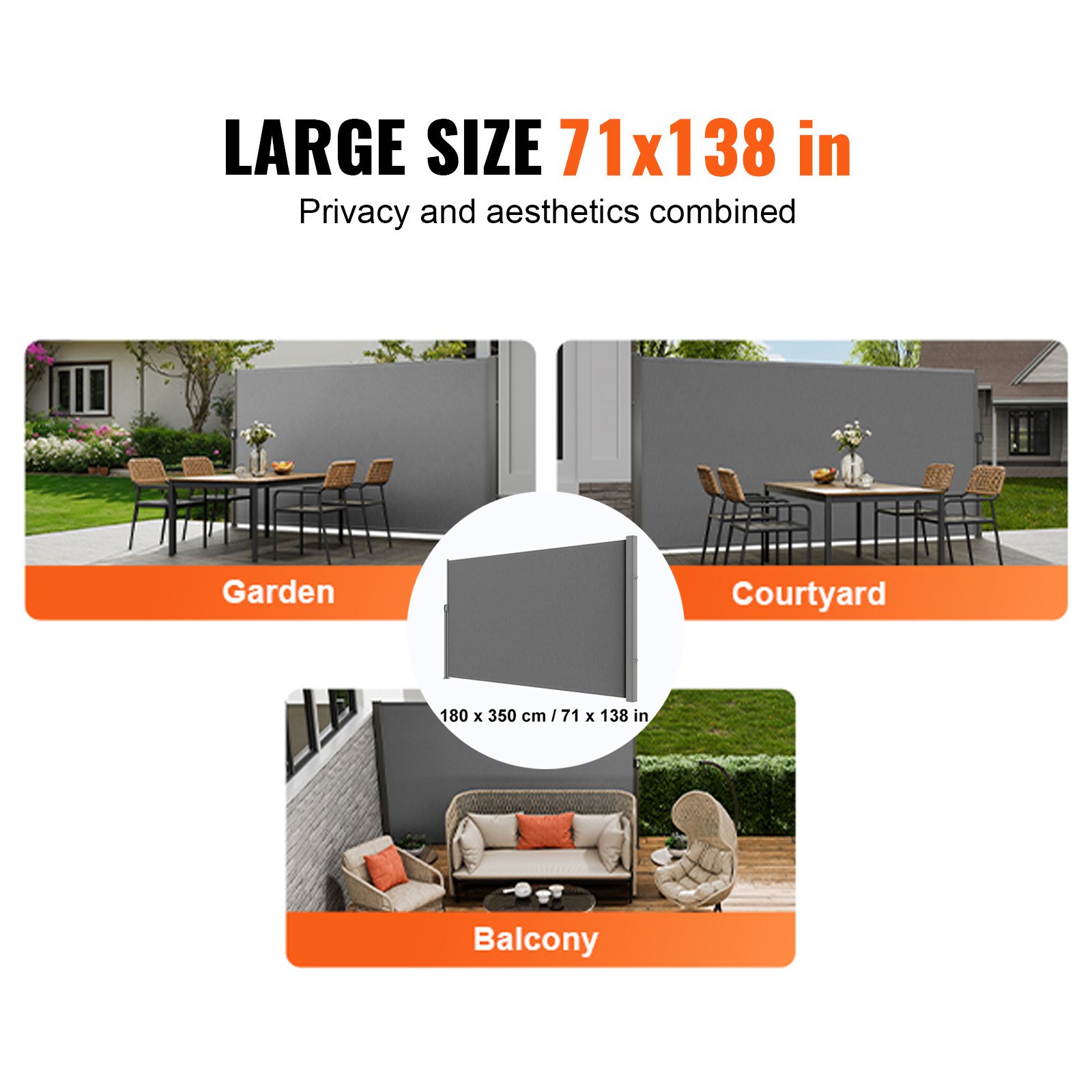 Markiza boczna VEVOR 180 x 350 cm Markiza ścienna boczna Wykonana z tkaniny poliestrowej 180 g/m² z powłoką poliuretanową Markiza z uchwytem chowanym i mechanizmem sprężynowym Ekran prywatności na balkony i dziedzińce Szary