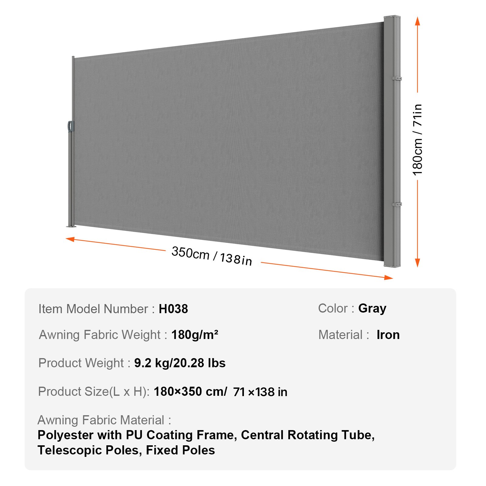 Markiza boczna VEVOR 180 x 350 cm Markiza ścienna boczna Wykonana z tkaniny poliestrowej 180 g/m² z powłoką poliuretanową Markiza z uchwytem chowanym i mechanizmem sprężynowym Ekran prywatności na balkony i dziedzińce Szary