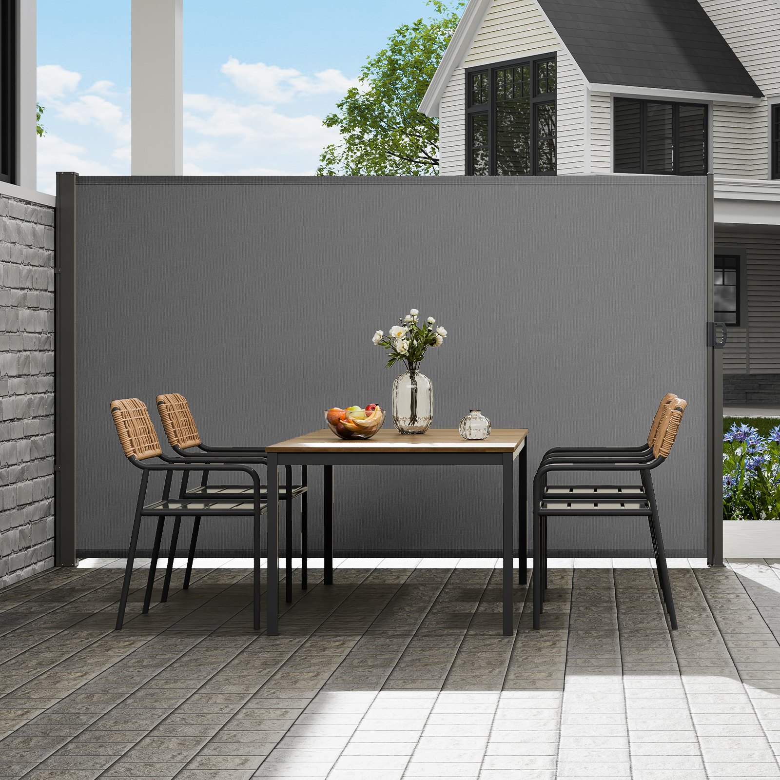 Markiza boczna VEVOR 180 x 350 cm Markiza ścienna boczna Wykonana z tkaniny poliestrowej 180 g/m² z powłoką poliuretanową Markiza z uchwytem chowanym i mechanizmem sprężynowym Ekran prywatności na balkony i dziedzińce Szary