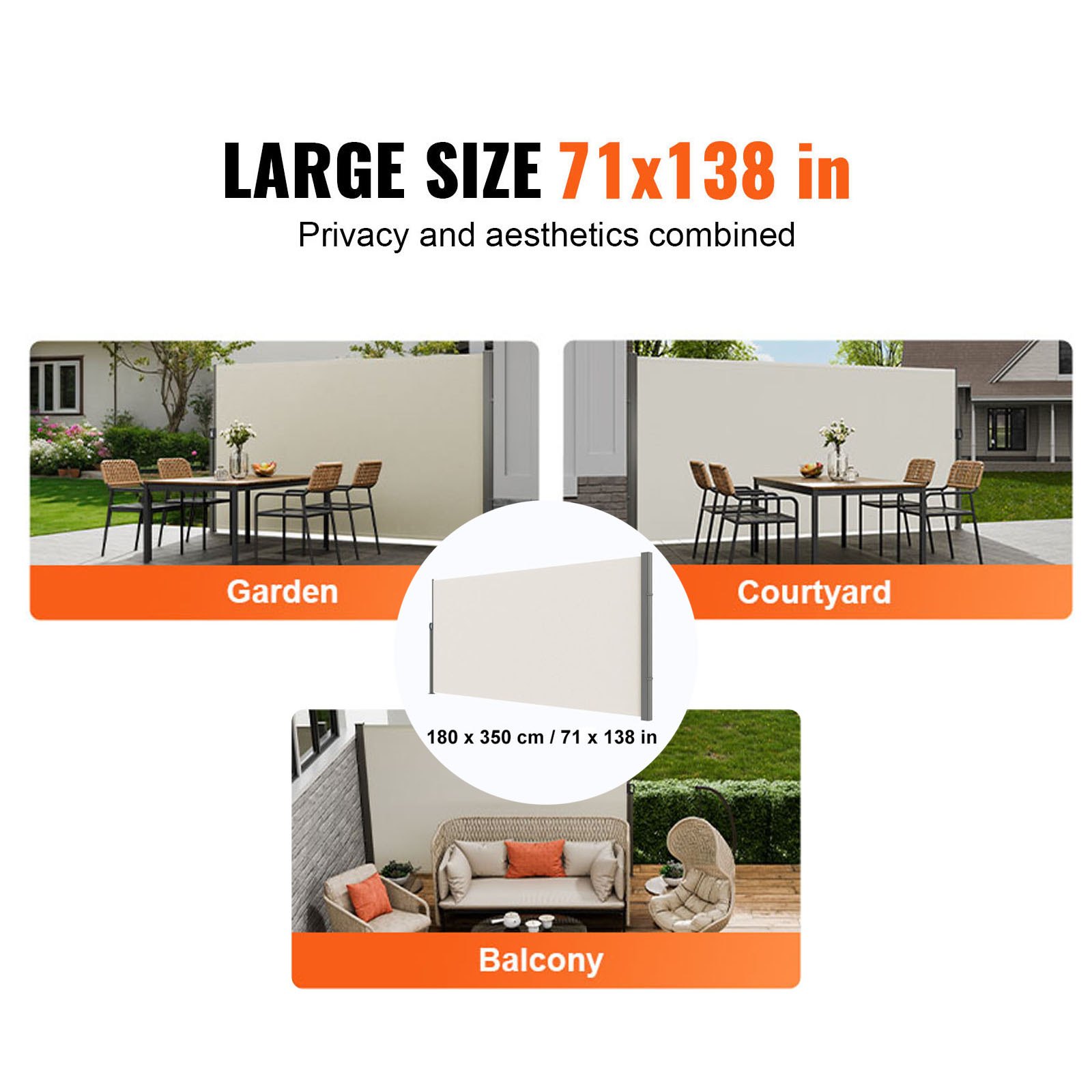 Markiza boczna VEVOR 180 x 350 cm Markiza ścienna boczna Wykonana z tkaniny poliestrowej 180 g/m² z powłoką poliuretanową Markiza z uchwytem z mechanizmem sprężynowym Ekran prywatności na balkony i dziedzińce Beżowy