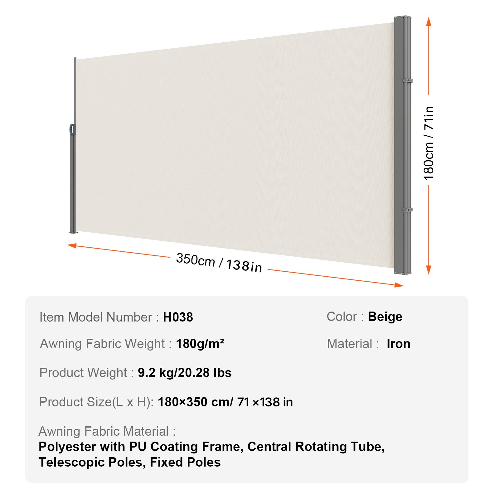 Markiza boczna VEVOR 180 x 350 cm Markiza ścienna boczna Wykonana z tkaniny poliestrowej 180 g/m² z powłoką poliuretanową Markiza z uchwytem z mechanizmem sprężynowym Ekran prywatności na balkony i dziedzińce Beżowy