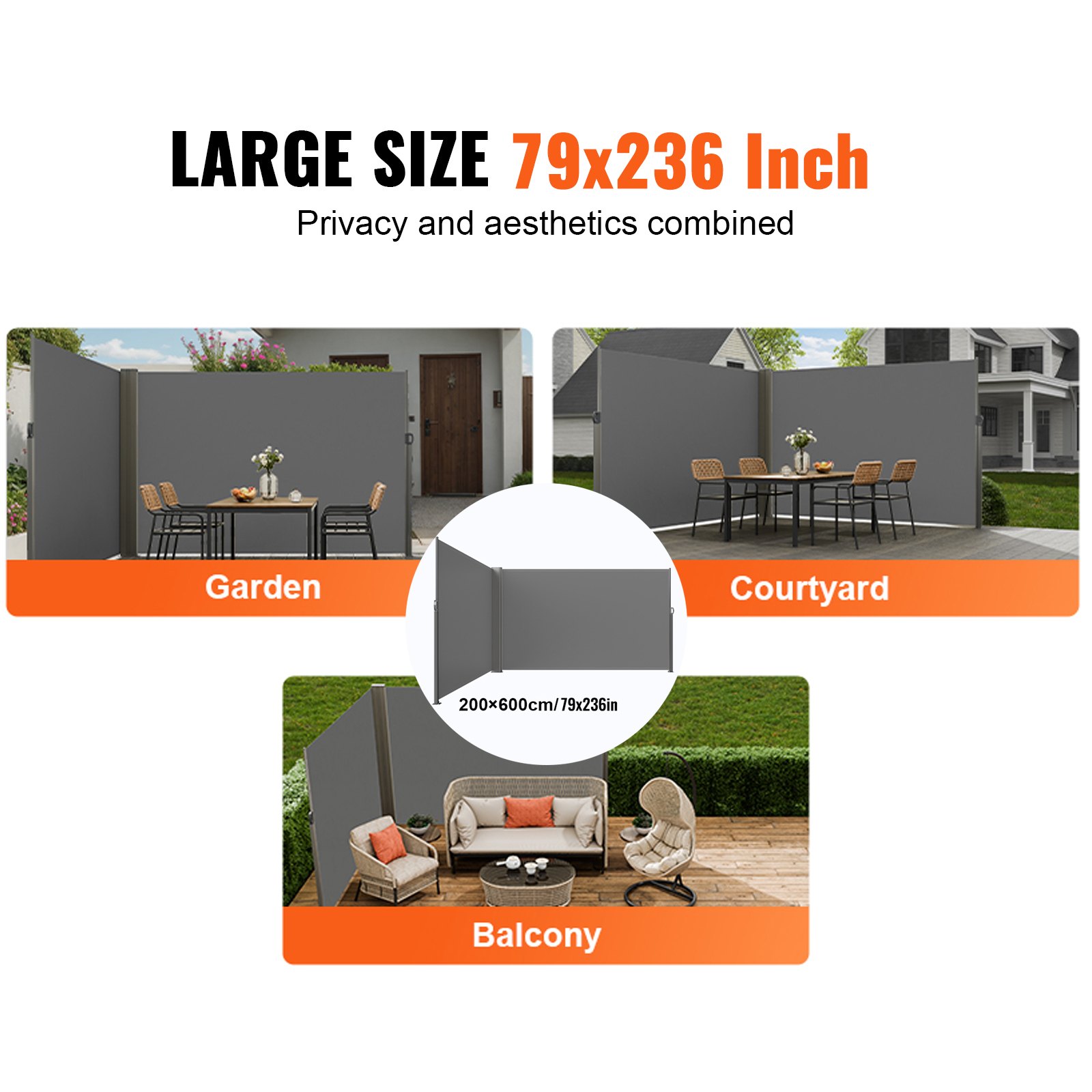 Markiza boczna VEVOR 200 x 600 cm Markiza ścienna boczna Wykonana z tkaniny poliestrowej 180 g/m² z powłoką poliuretanową Markiza z uchwytem z mechanizmem sprężynowym Ekran prywatności na balkony i dziedzińce Szary