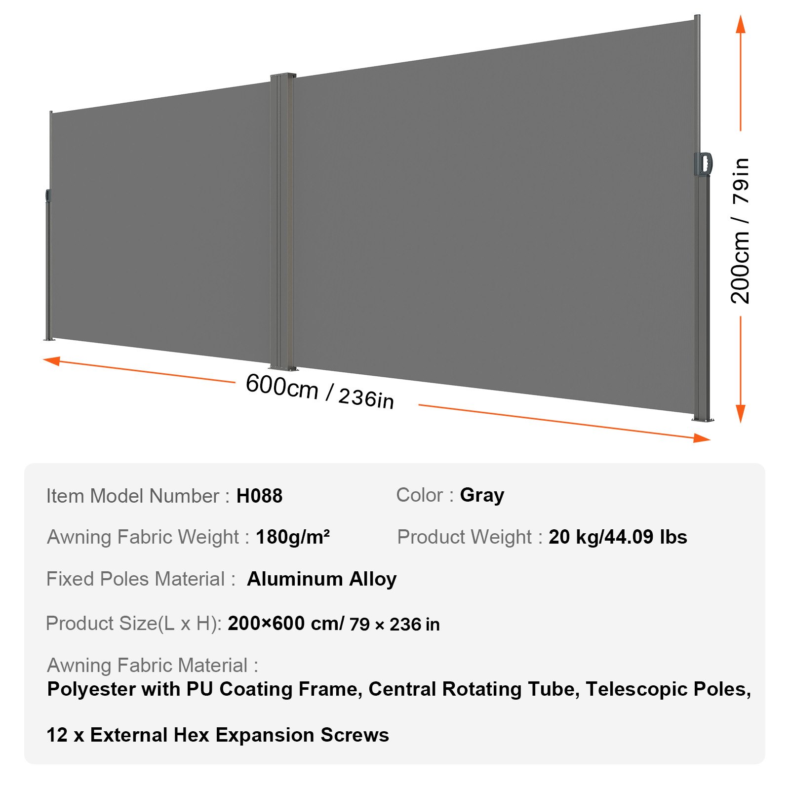 Markiza boczna VEVOR 200 x 600 cm Markiza ścienna boczna Wykonana z tkaniny poliestrowej 180 g/m² z powłoką poliuretanową Markiza z uchwytem z mechanizmem sprężynowym Ekran prywatności na balkony i dziedzińce Szary