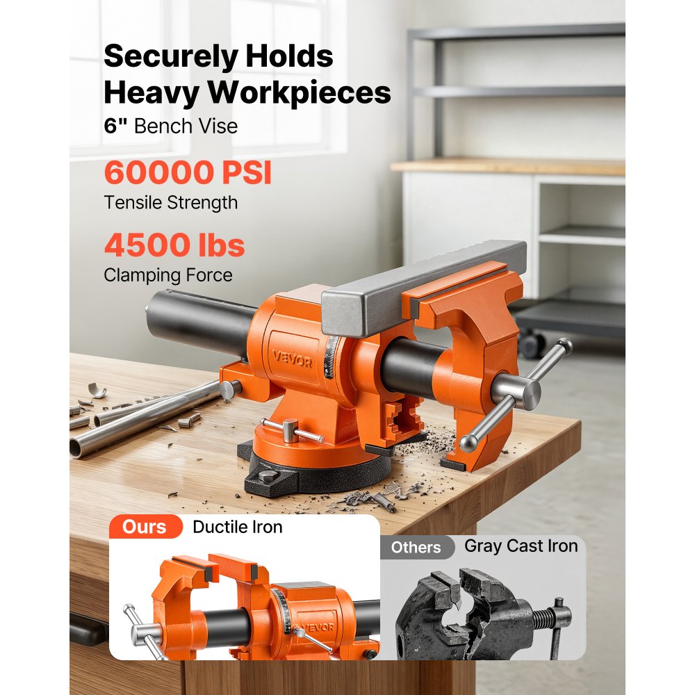 Imadło warsztatowe VEVOR, szerokość szczęk 152 mm, obrót 360°, do cięcia, szlifowania, wiercenia i cięcia rur, siła zacisku 20 kN, z dźwignią szybkozwalniającą, kowadłem, śrubami i nakrętkami