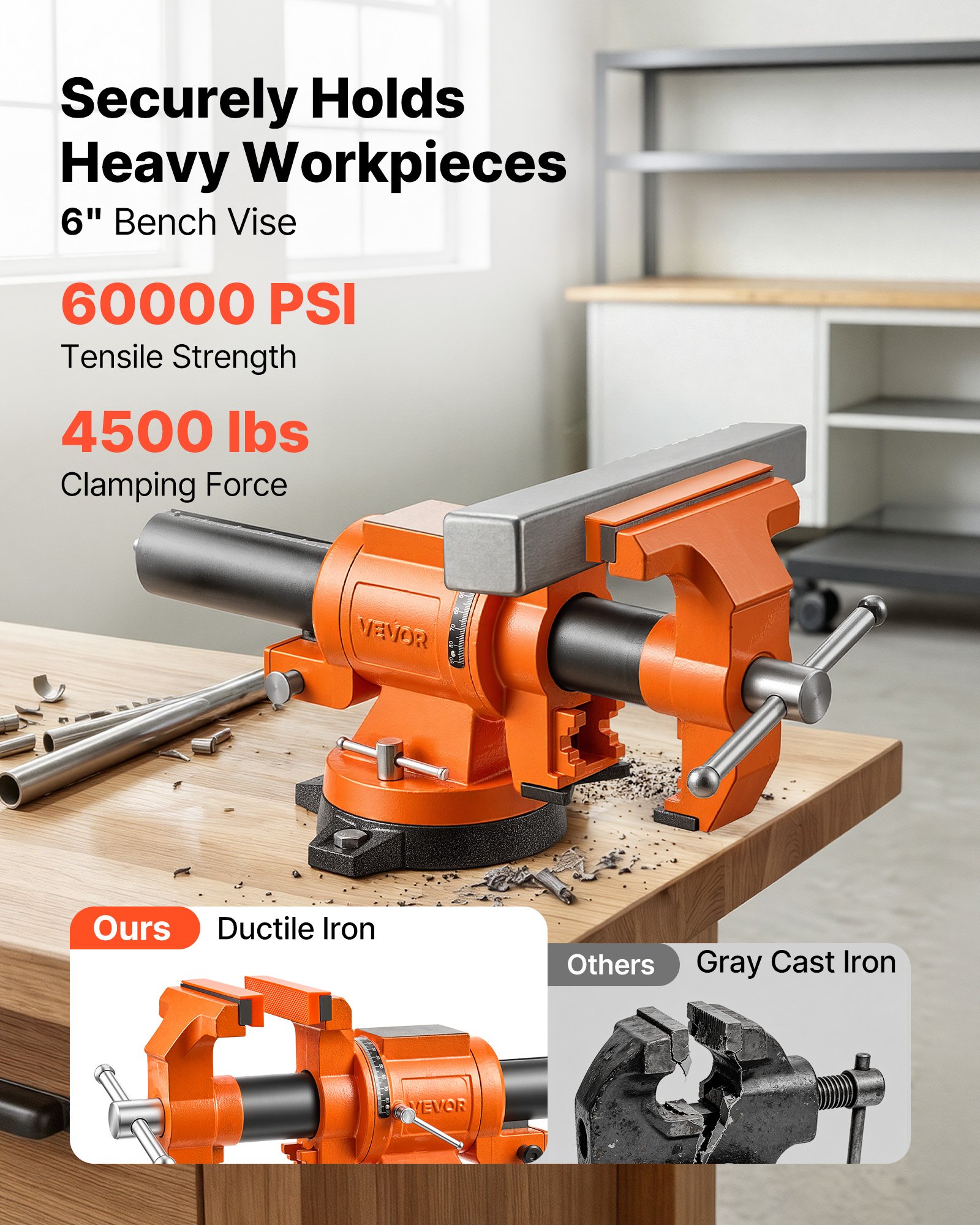 Imadło warsztatowe VEVOR, szerokość szczęk 152 mm, obrót 360°, do cięcia, szlifowania, wiercenia i cięcia rur, siła zacisku 20 kN, z dźwignią szybkozwalniającą, kowadłem, śrubami i nakrętkami