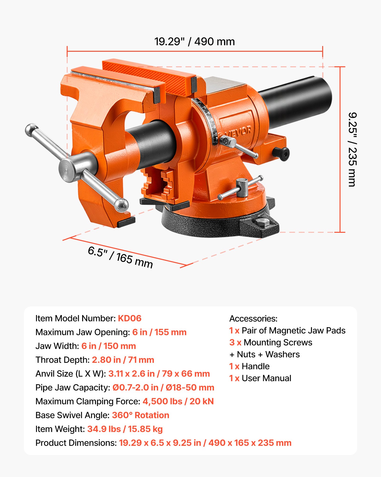 Imadło warsztatowe VEVOR, szerokość szczęk 152 mm, obrót 360°, do cięcia, szlifowania, wiercenia i cięcia rur, siła zacisku 20 kN, z dźwignią szybkozwalniającą, kowadłem, śrubami i nakrętkami