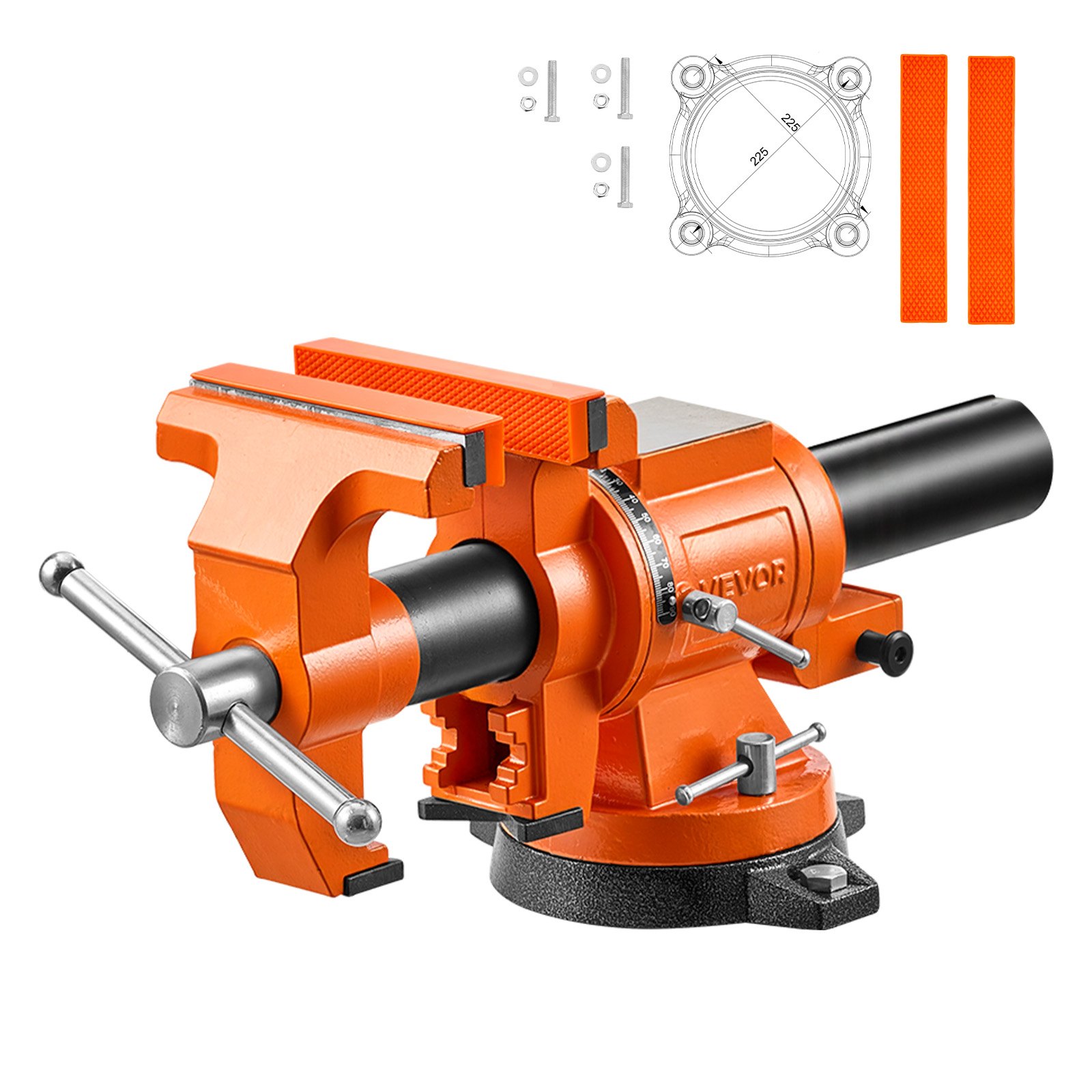 Imadło warsztatowe VEVOR, szerokość szczęk 152 mm, obrót 360°, do cięcia, szlifowania, wiercenia i cięcia rur, siła zacisku 20 kN, z dźwignią szybkozwalniającą, kowadłem, śrubami i nakrętkami