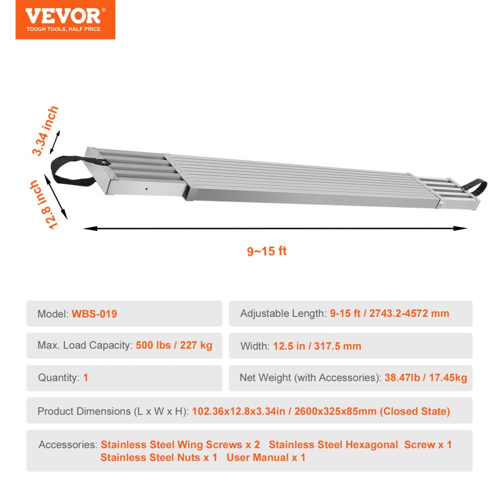 VEVOR Teleskopowa aluminiowa deska robocza do rusztowania, 9-15 stóp, udźwig 500 funtów, aluminiowa deska rusztowania o szerokości 12,5 cala, przedłużana deska z platformą antypoślizgową, akcesorium do drabiny rusztowaniowej