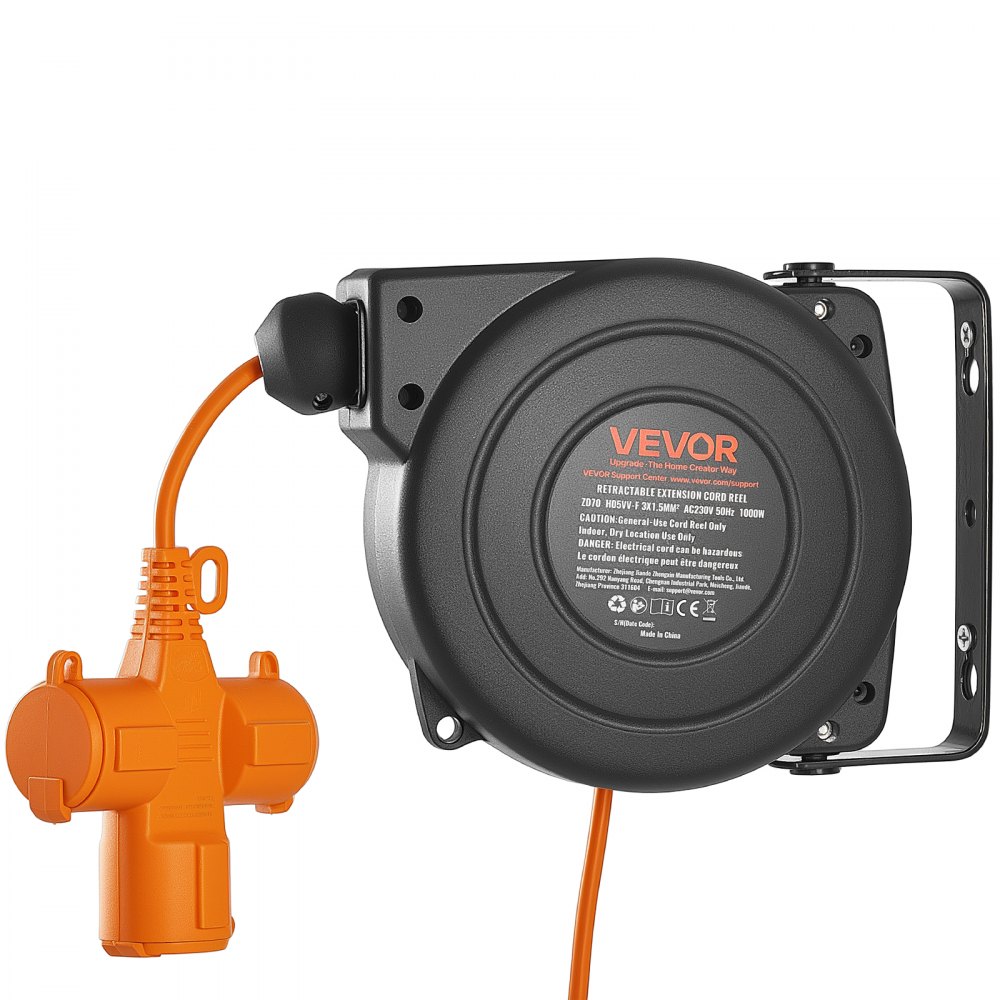 Automatyczny zwijacz kabla VEVOR 10 m 3000 W 16 AWG/3-żyłowy, do montażu na suficie/ścianie, 3 gniazda, zabezpieczenie przed przegrzaniem 56°C, podświetlane potrójne gniazdo, z uchwytem obrotowym 180°