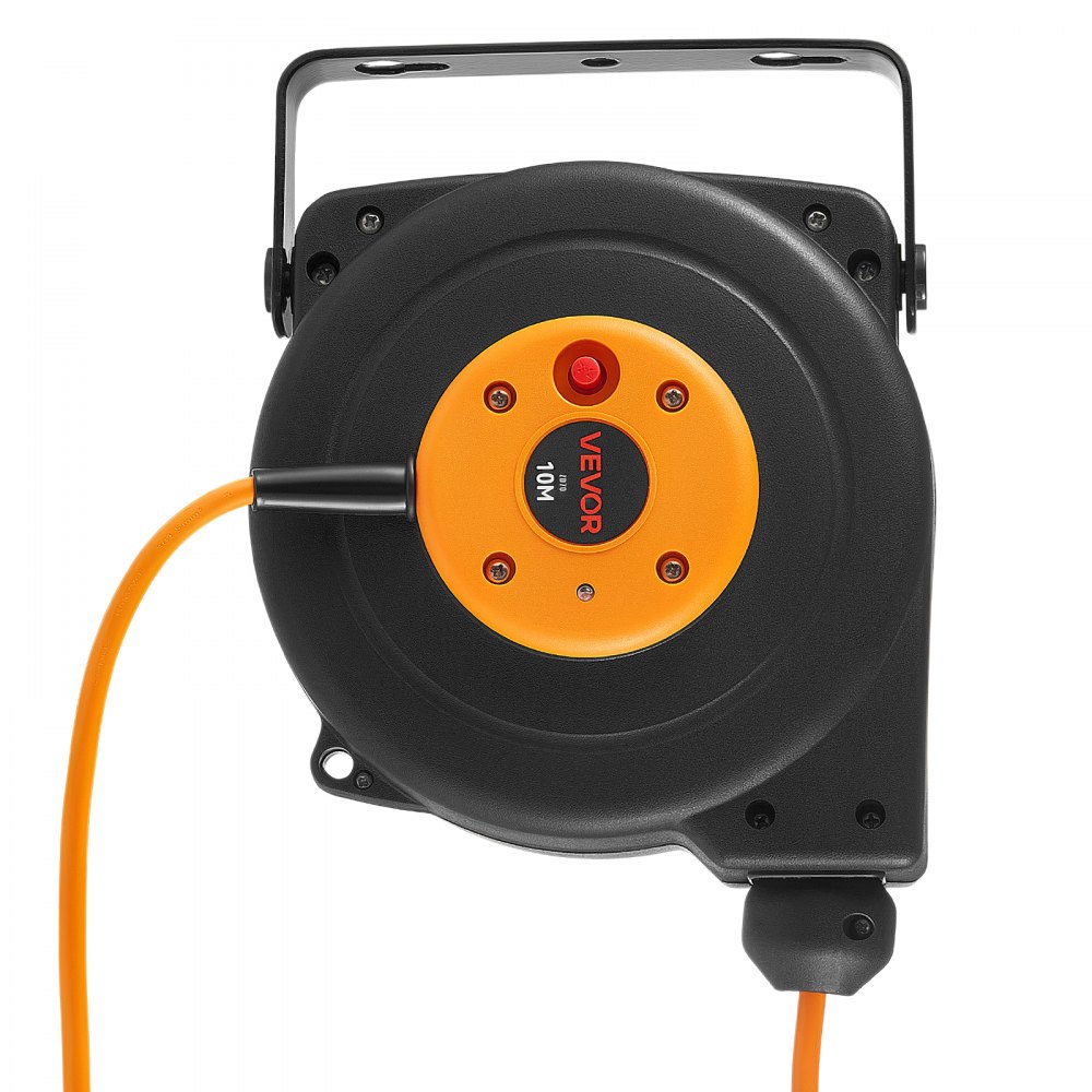 Automatyczny zwijacz kabla VEVOR 10 m 3000 W 16 AWG/3-żyłowy, do montażu na suficie/ścianie, 3 gniazda, zabezpieczenie przed przegrzaniem 56°C, podświetlane potrójne gniazdo, z uchwytem obrotowym 180°