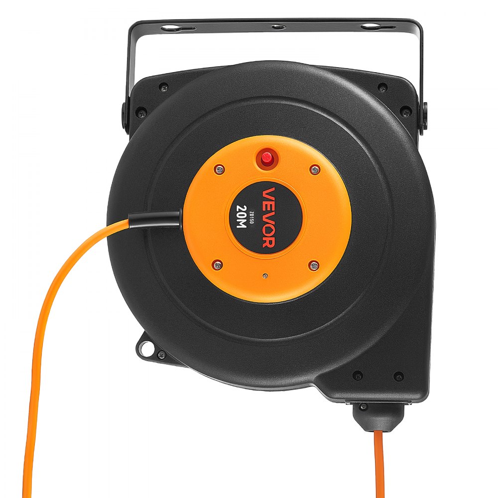 Bęben kablowy VEVOR 20 m, 3000 W, automatyczny, 16 AWG/3-żyłowy, do montażu na suficie/ścianie, 3 gniazda, zabezpieczenie przed przegrzaniem 56°C, podświetlane potrójne gniazdo, z uchwytem obrotowym 180°