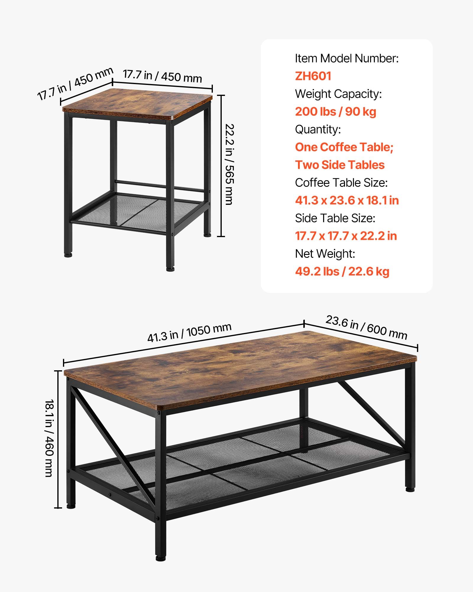 Zestaw stolików kawowych VEVOR do salonu, 3 elementy (długość 105 cm), industrialny stolik kawowy z 2 kwadratowymi stolikami bocznymi (długość 45 cm), zestawy stolików do sofy z metalowymi nogami, stoliki składane do biura, salonu, apartamentu